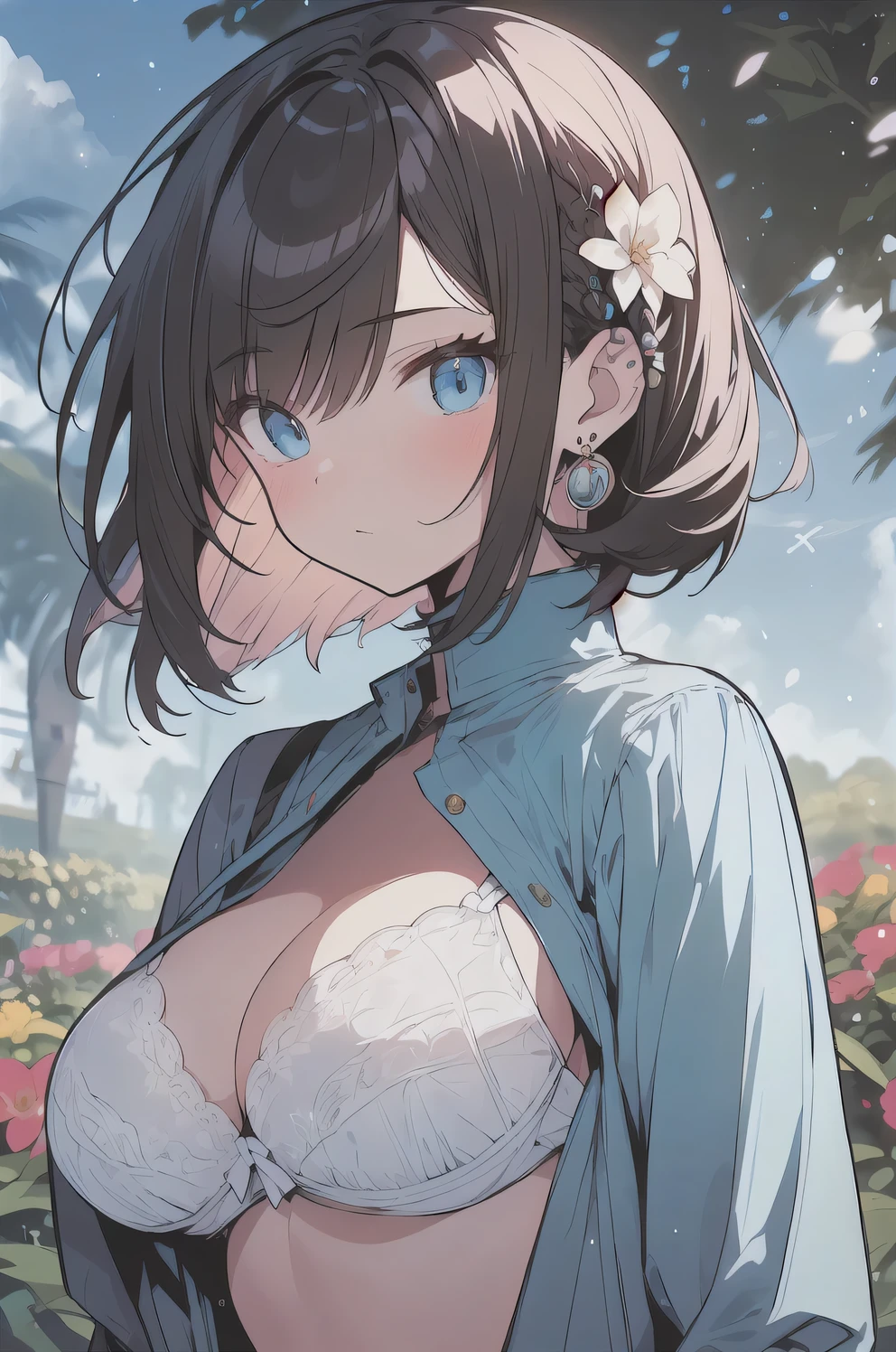 (best quality), (Super detailed), (Best Illustration), (masterpiece), (woman), {(white bra:1.2)}, (large breasts:1.2), {brown hair, (sideburns), (bob cut:1.3), curly hair, hairs between eyes, colored inner hair}, {(detailed eyes), blue eyes}, blush, earring, wind, (flower garden)