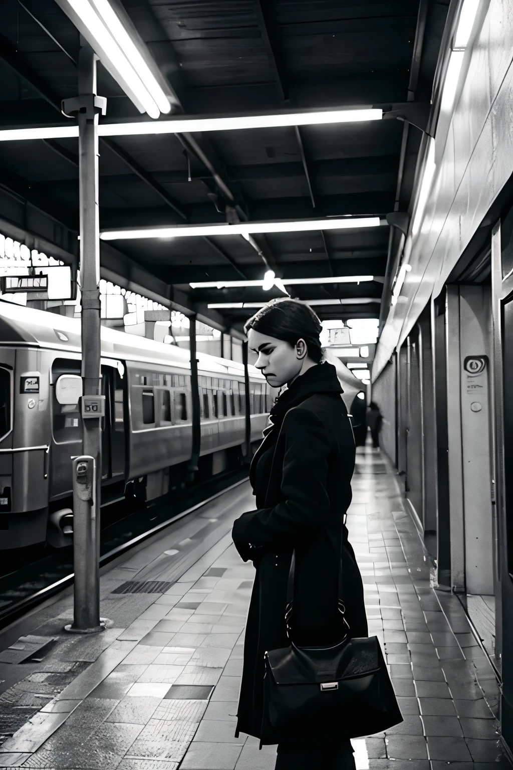  woman waiting for the train, black and white, vintage train station