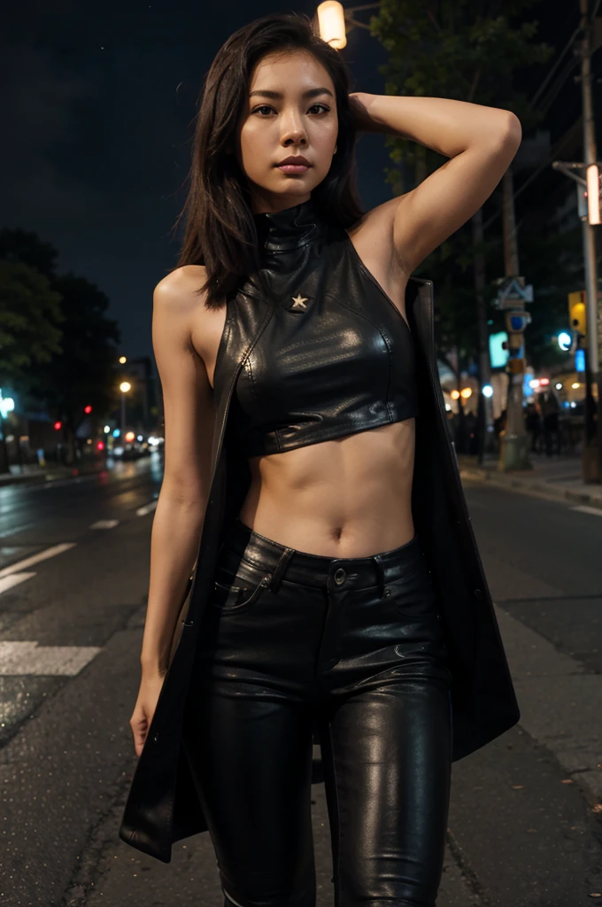 Slim Asian girl, black star-shaped tank top. Leather coat, tight pants In the middle of the road at night
