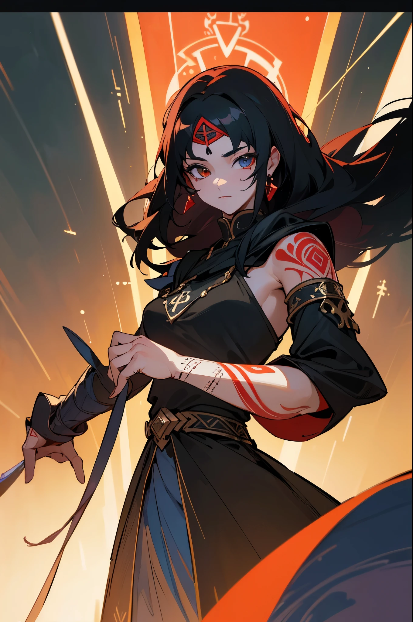 (best quality,4k,8k,highres,masterpiece:1.2),ultra-detailed,,1 woman,((rune tattoos)),red and black hair,princess knight pants and gown dress,circlet,fantasy,armor, in the street, upper body only