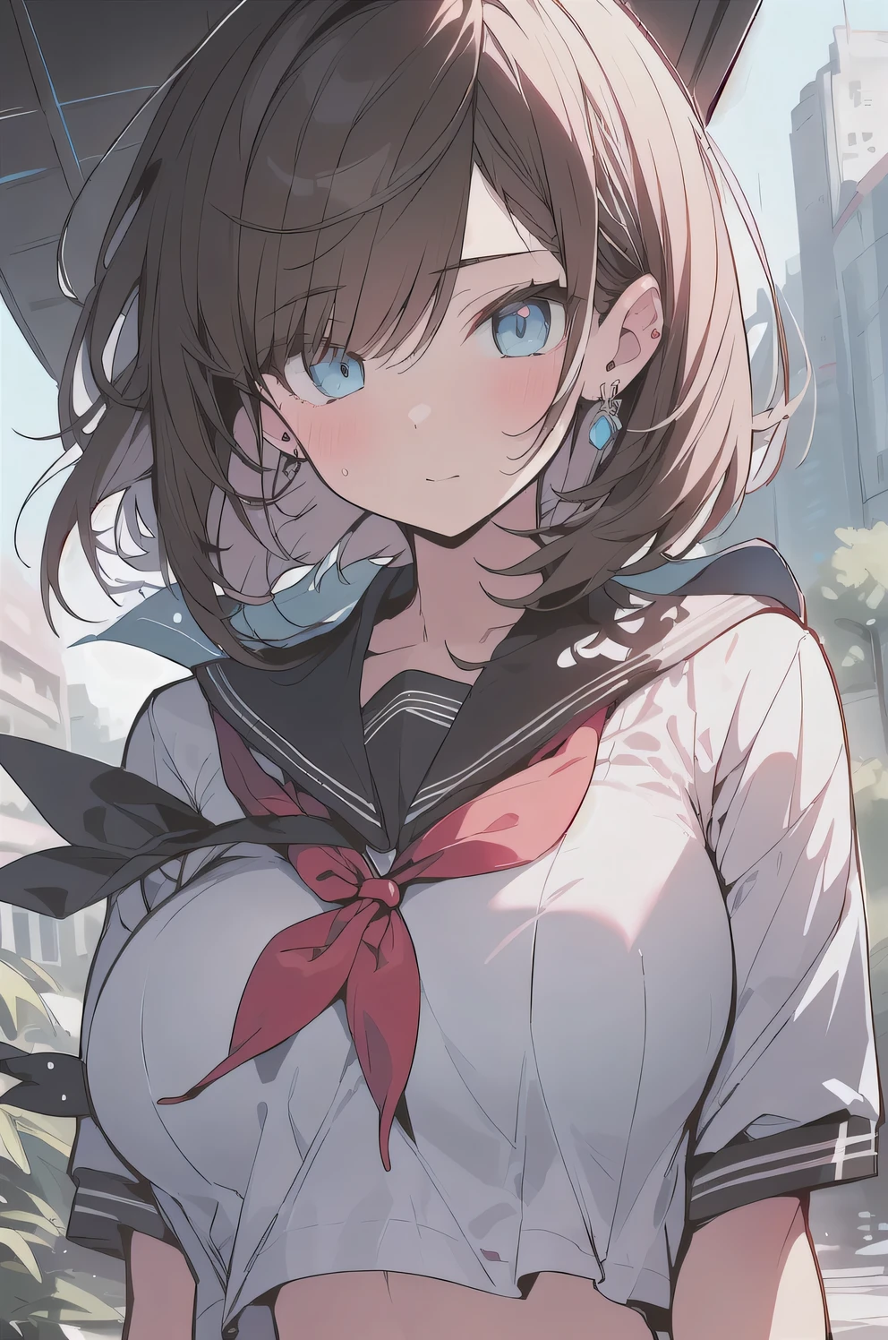 (best quality), (Super detailed), (Best Illustration), (masterpiece), (woman), {(white serafuku:1.2)}, (large breasts:1.2), {brown hair, (sideburns), (bob cut:1.3), curly hair, hairs between eyes, colored inner hair}, {(detailed eyes), blue eyes}, blush, earring, wind, ruin city, botanical