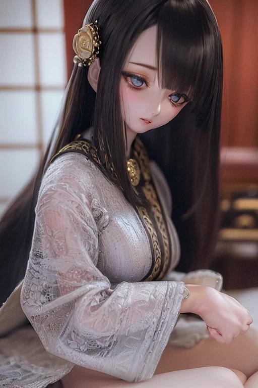 photorealistic, realistic photo, ((highest quality)), ((masterpiece)), ((extremely detailed)), kukolnydom, doll, (mature woman:2.3), solo, ((from front, seiza, skinny, slender, slim, black kimono, obi, obidome, hair ornament)), green eyes, parted lips, (black hair, long hair, looking at another, almond eyes, blank eyes, empty eyes, detailed eyes, detailed clothes:1.3), Japanese room, 8k