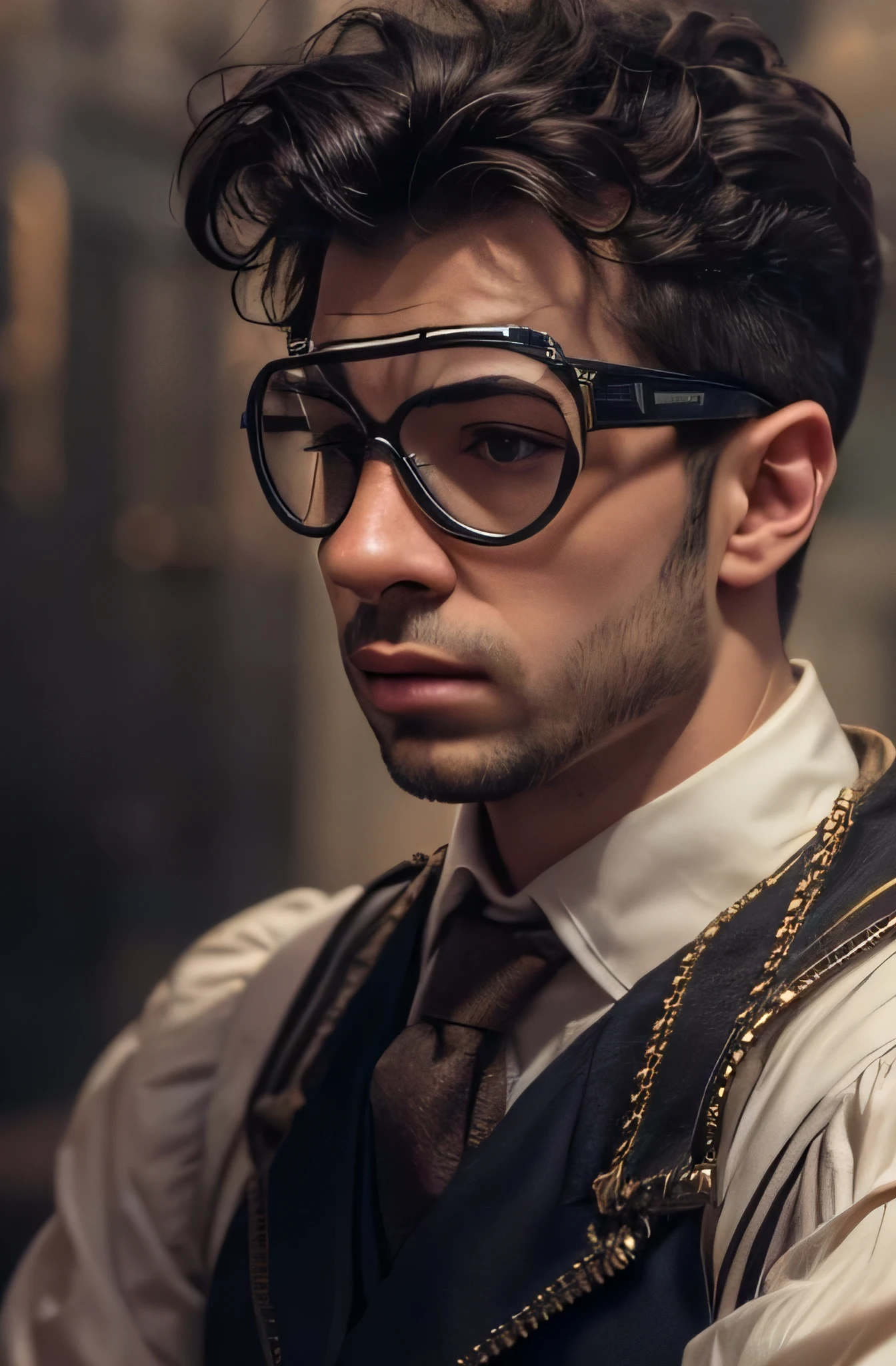 (young man, elegant victorian man, detailed portrait, steampunk goggles, 1920s style clothing, cinematic lighting, cinematic composition, dramatic pose, detailed facial features, high quality, masterpiece, photorealistic, 8k, hyperdetailed, intricate details, sharp focus, cinematic atmosphere, moody lighting, dramatic shadows, highly detailed, ultra-detailed, cinematic color palette, warm tones, dramatic contrast)