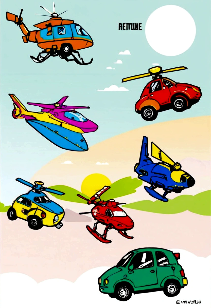 Draw a picture about the beautiful futureCity,The key word is children's painting,Simple,Science Fiction,future,Science Fiction Awareness,common sense,Scientific and technological development,City,美好 a drawing of a drawing of a city with a car, A helicopter, A car, A helicopter, A car, truck, A helicopter, A car, author:Louis Molinari, Future cars and mecha, author:Victor Oliva, author:Vladimir Vasicek, Machines and the future, author Oskar Lüthy,A little more sci-fi,Cars can fly in the sky Draw the above picture in the style of children's simple drawings