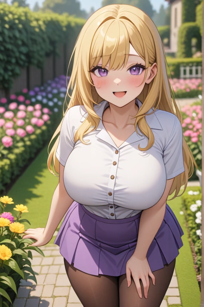 1 girl, purple eyes, pastel yellow hair, wide, hair covers one eye, wide, big breasts, big thighs, white button down t-shirt, purple skirt, brown pantyhose, beautiful smile, blushing, Open mouth, garden, looking at the viewer, Masterpiece, Best Quality, very aesthetic, absurdities, The newest one, intricate details, intricate, Generated AI