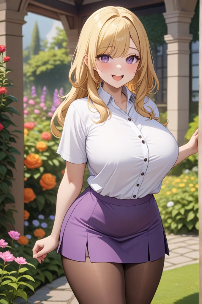 1 girl, purple eyes, pastel yellow hair, wide, hair covers one eye, wide, , big thighs, white button downhirt, purple skirt, brown pantyhose, beau smile, blushing, Open mouth, garden, looking at the viewer, Masterpiece, Best Quality, very aesthetic, absurdities, The newest one, intricate details, intricate, Generated AI