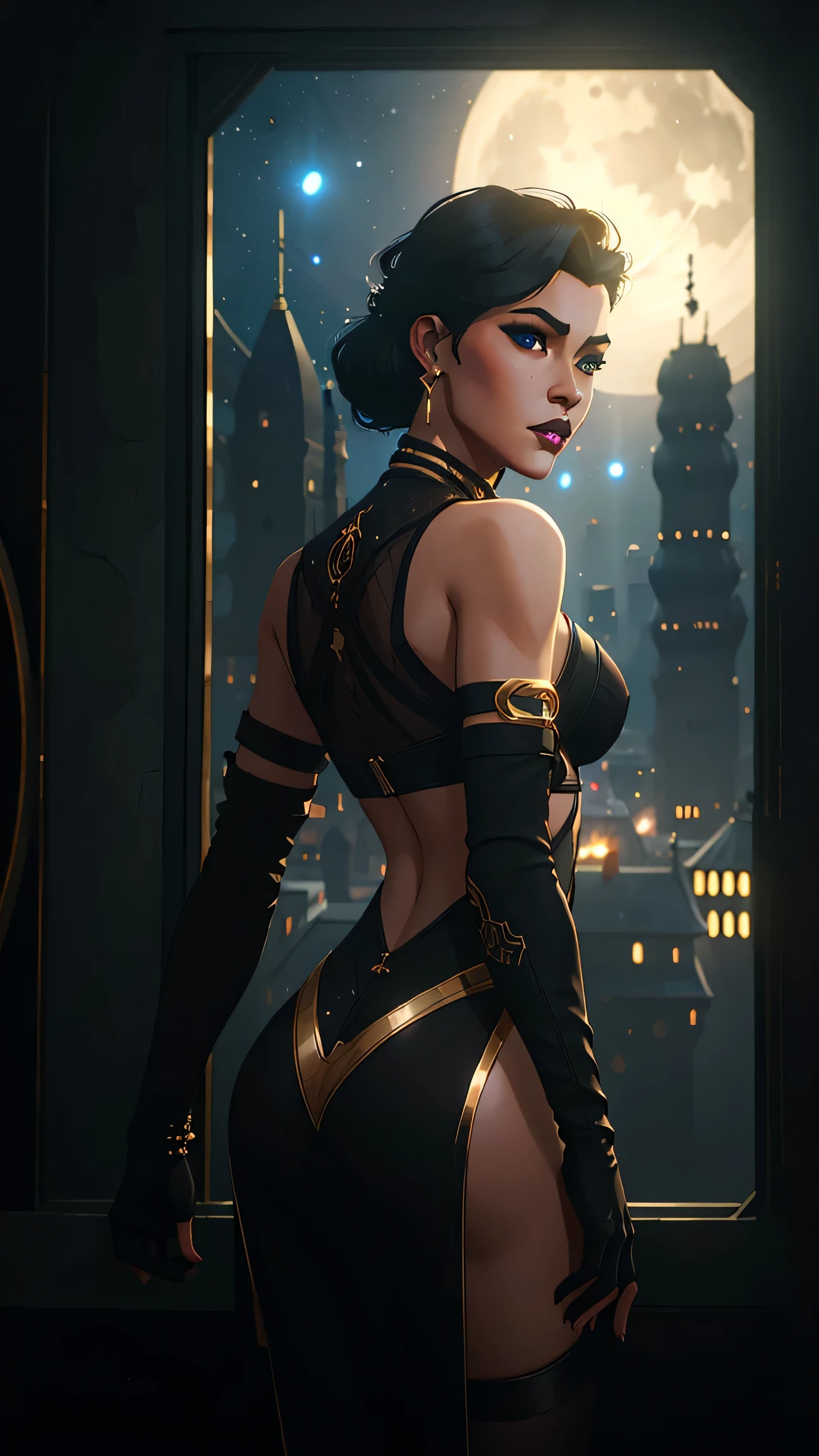1girl, anus, ass, black hair, , ((city lights,Arabic cityscape)), depth of field, earrings, elbow gloves, full moon, jewelry, lips, lipstick, looking at viewer, looking back, makeup, mole, moon, night, night sky, presenting, pubic hair, , sky, skyscraper, solo, star \(sky\), starry sky, window, oil painted, , 8K resolution,, it's smooth and a lot of black ink flow :,natural lighting,Photographic illustration of minimalist volumetric lighting,