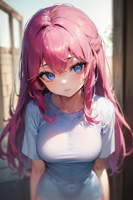 (((32k))), (((best qualityer))), (((face detailed))),(((defined body))), (((Kizi))),(((18 years old))),(((medium breasts 2))), (((blue colored eyes))), white shirt, shorts,(((dainty))), (((big pink hair, Loose)))