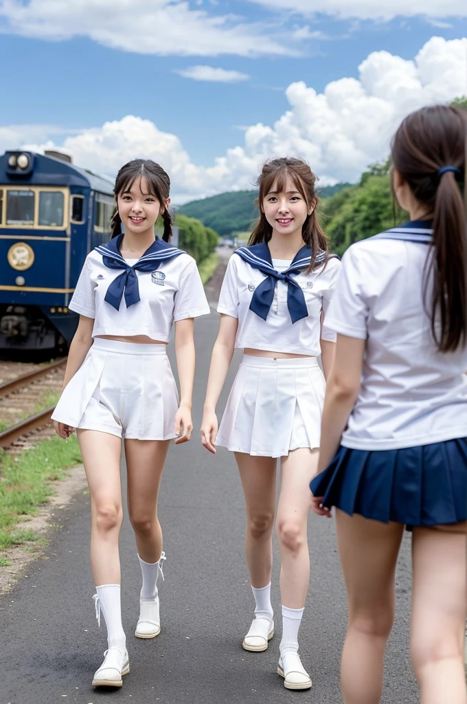 girls walking in rural station,long train on far side,cumulonimbus cloud in summer blue sky,white sailor shirt with red bow tie,white panties with navy blue frills,18-year-old,bangs,a little smile,thighs,knees,short hair with low pigtails bunches,from beside,front light