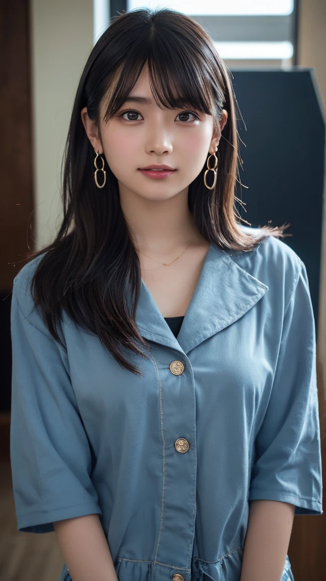 Full body portrait、Beauty、Well-formed face、20-year-old、Uniform eyes、Small face、, light brown hair, hair over shoulder, parted bangs, straight hair, expressive hair, shiny hair, earrings, seductive smile, Completely naked、Medium build、Small face、Small Bust, Surrealism, cinematic lighting, first-person view, f/1.2, Nikon, depth of field, tachi-e, UHD, textured skin, best quality, highres, 8k