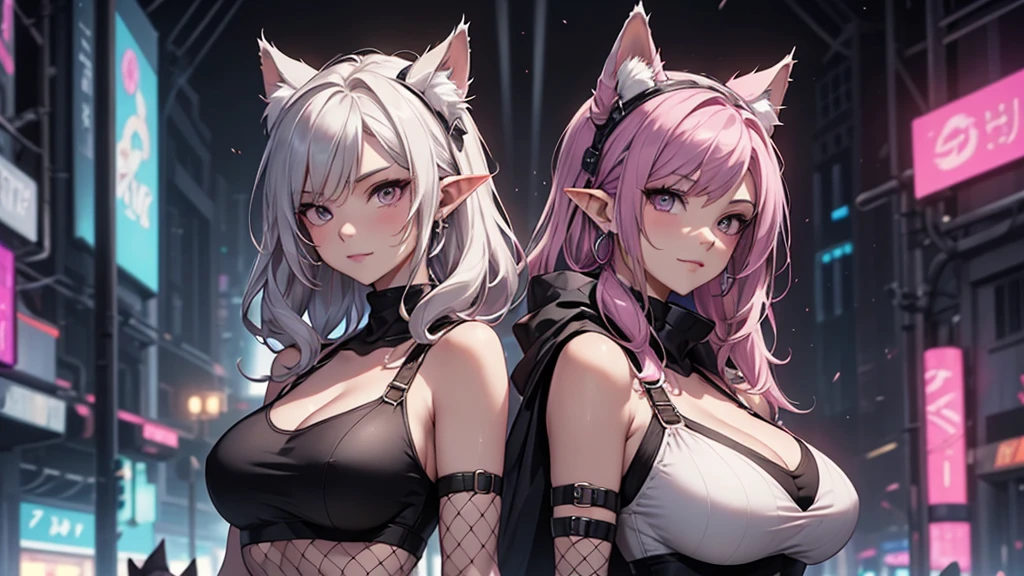 White elf girl, Beautiful woman pink twin tail long hair、short clothes in cyberpunk style、Put on cat ears、Glaring at the Viewer、facing forward、A slight smile、beach、Palms shoulders show. Fishnet fabric, round chin shape. wear a black hood over your hair. shows the entire upper body and face. wears a black hood, lots of flairs in the background, zoomed out, Black and white. glowing,