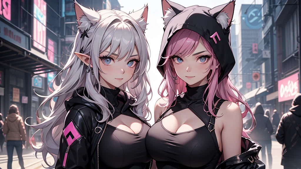 White elf girl, Beautiful woman pink twin tail long hair、short clothes in cyberpunk style、Put on cat ears、Glaring at the Viewer、facing forward、A slight smile、beach、Palms shoulders show. Fishnet fabric, round chin shape. wear a black hood over your hair. shows the entire upper body and face. wears a black hood, lots of flairs in the background, zoomed out, Black and white. glowing,
