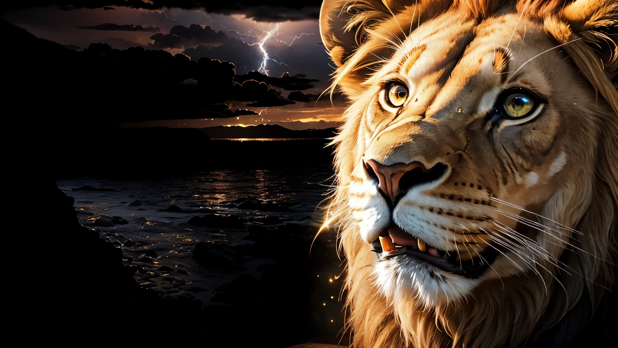 Lion, Divine Lion, naturals, Thunders, Realistic Lion, rey, realistic detailed, Sunset Light, Sky, Night Sun, realistic detailed 16K, Eletricidade Detalhada 8K, Texturas realistas de 8K, Cores photorrealistic 8K, fire azul, realistic detailed Fire Bolt, Sky Light Detailed, Power of thunder, Divine realistic, golden crown, golden crown, golden crown, naturey, Linda, Rendering, photorrealistic, UltraHigh definition, 4K, detailed textures, thunder, detailed shadows, detailed colors, neon blue, blue light, lightnings, blue power, naturey Linda, Great Divine, Peaceful Face, naturalss, lightning, Electric Power Screw, detailed contrast, realistic contrast, high resolution, detailed colors, fire, villany, divine creature, 8K FullHD, realistic detailed, 16K, 8K, High definition, detailed contrast, realistic contrast, high resolution, detailed colors, fire, villany, divine creature, 8K Realistic Lion Face, realistic detailed, posh, elegance