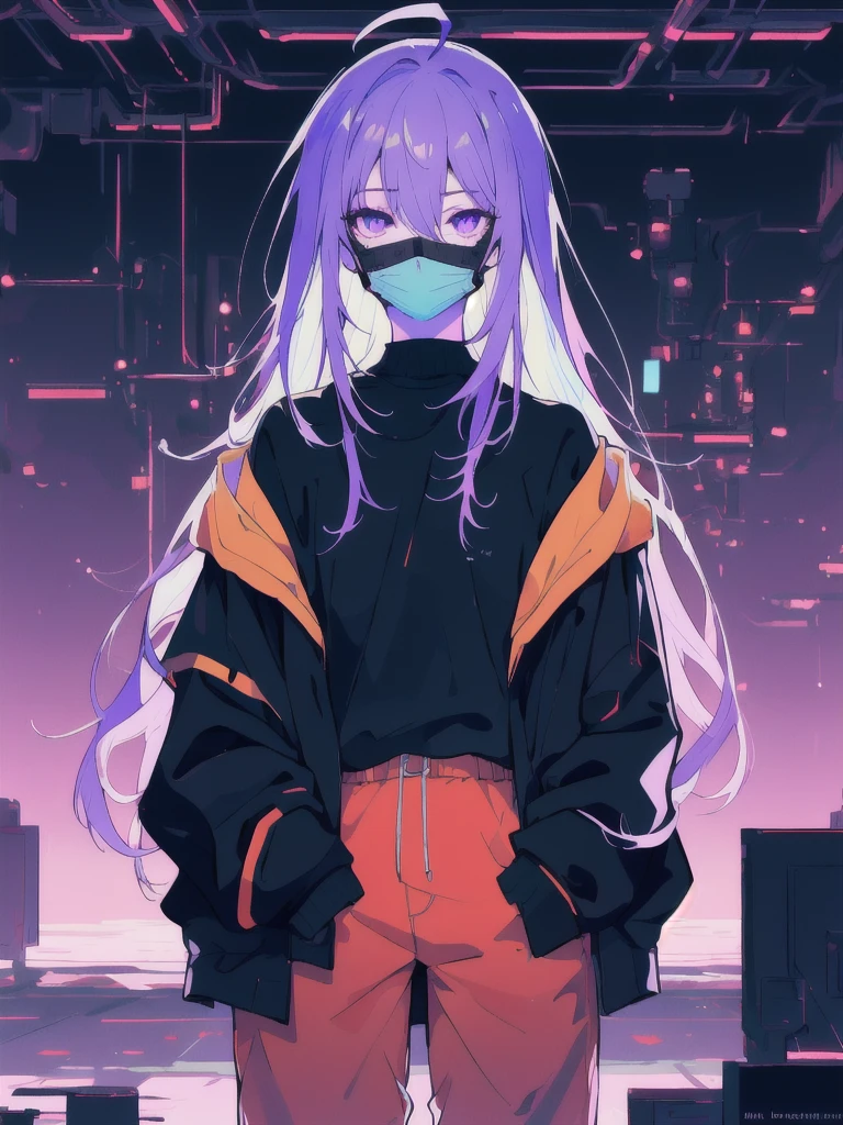 ((masterpiece)), (best quality), ((highres)), 4K, Detailed, (Ambient Light, Digital Art, Soft Lighting, extremely detailed 8K wallpaper:1.2), BREAK 1girl, solo, pale skin, violet eyes, violet hair, ahoge, (absurdly long hair:1.1), flat chest, cyberpunk scenery, black jacket, pants, shirt, night, hand in pocket, looking at viewer, hair between eyes, expressionless, rtx, neon light, black medical mask