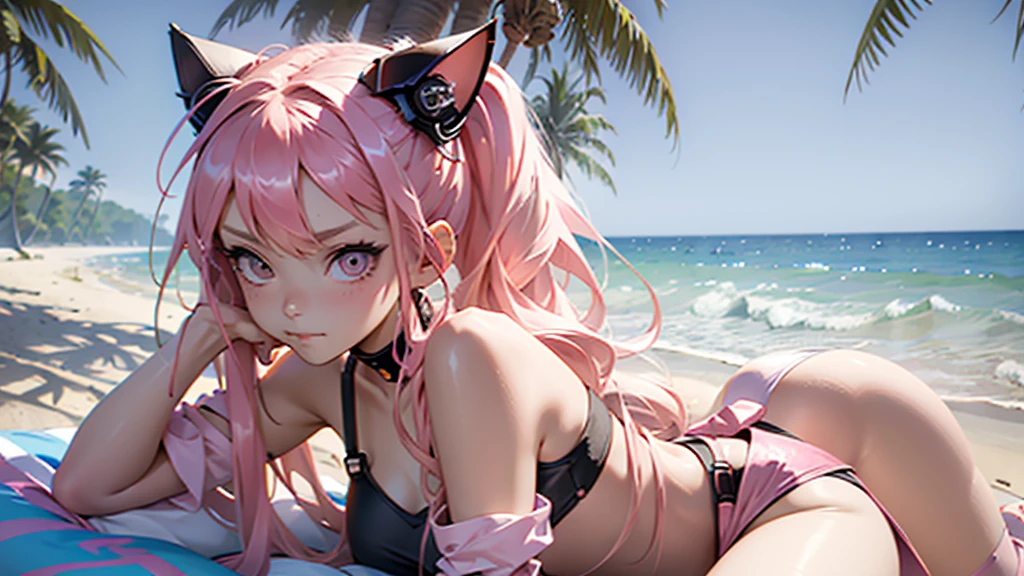 Beautiful woman pink twin tail long hair、short clothes in cyberpunk style、Put on cat ears、Glaring at the Viewer、facing forward、A slight smile、beach、palm trees