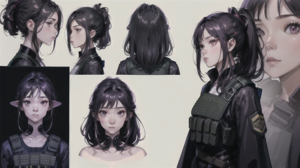 One girl,human, Dark hair with purple strands, Ponytail, purple eyes, black outfit,wearing bulletproof vest, beautiful, masterpiece, best quality, perfect lighting, extremely detailed CG unity 8k wallpaper, reference sheet, model sheet, simple white background, (multiple views, [from behind|from side|from front|close-up|upper body|portrait]:1),