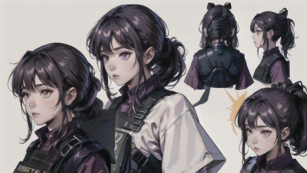 One girl,human, Dark hair with purple strands, Ponytail, purple eyes, black outfit,wearing bulletproof vest, beautiful, masterpiece, best quality, perfect lighting, extremely detailed CG unity 8k wallpaper, reference sheet, model sheet, simple white background, (multiple views, [from behind|from side|from front|close-up|upper body|portrait]:1),