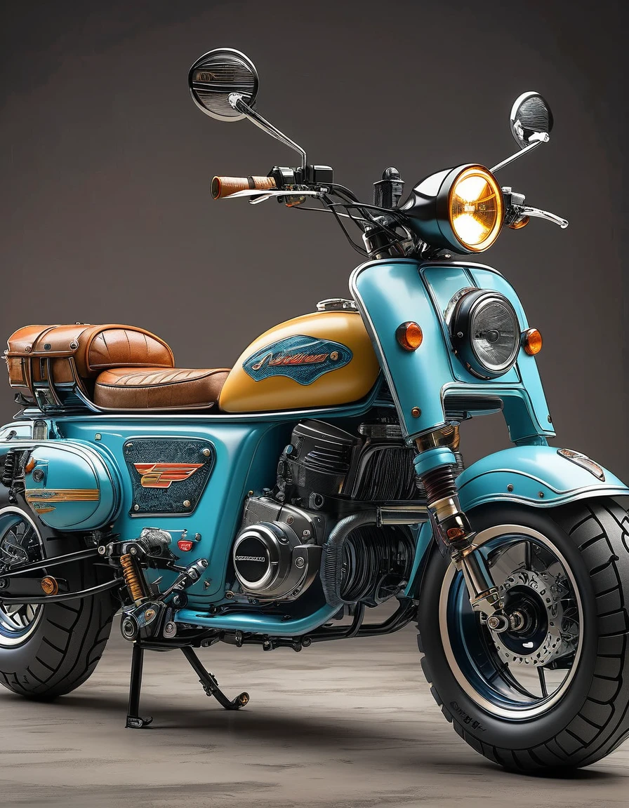 Retro colors, Electric motorcycle, Extremely detailed, Reality,Delicate texture,Exaggerated tire details,,Leather cushion, High-quality artworks created by master artists, best quality,