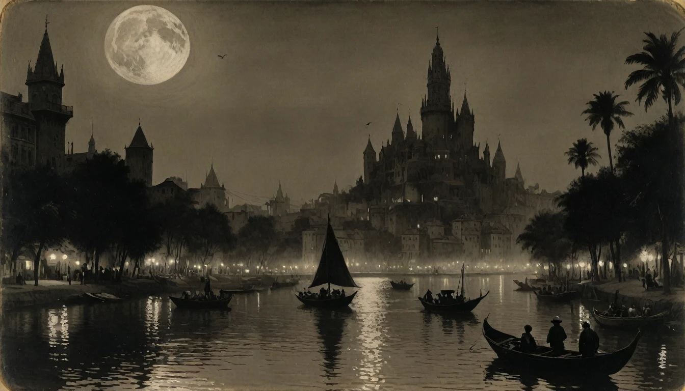 {{monochrome daguerreotype on old paper, masterpiece, high quality}}, (by Moebius Jean Giraud), (by James McNeill Whistler), the composition is: (((the distant Dusk view of a colossal high towered metropolis with Byzantine, Mughal and Baroque elements, minarets, bridges))), ((there are two moons in the skies, in a river of lurid waters, in a jungle that is tropical, lush, with boats, lanterns and moths flying))