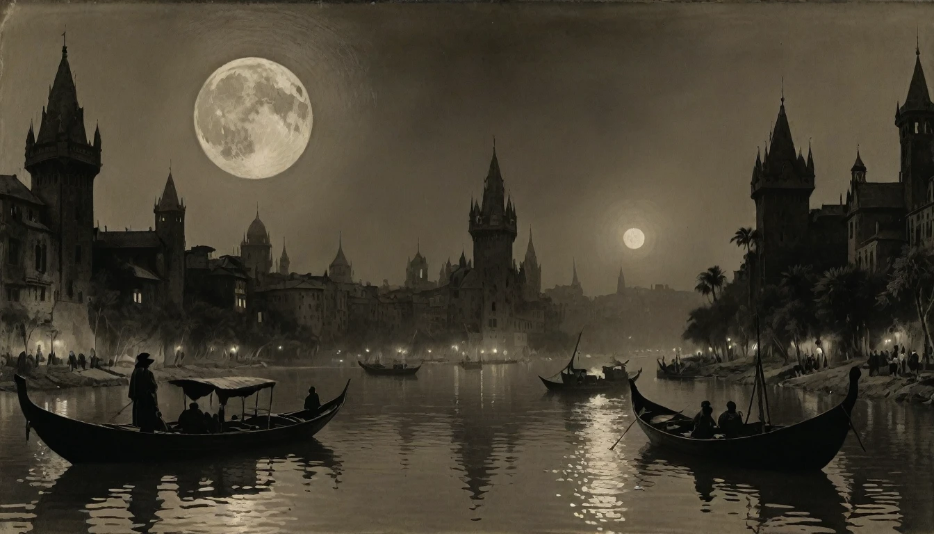 {{monochrome daguerreotype on old paper, masterpiece, high quality}}, (by Moebius Jean Giraud), (by James McNeill Whistler), the composition is: (((the distant Dusk view of a colossal high towered metropolis with Byzantine, Mughal and Baroque elements, minarets, bridges))), ((there are two moons in the skies, in a river of lurid waters, in a jungle that is tropical, lush, with boats, lanterns and moths flying))
