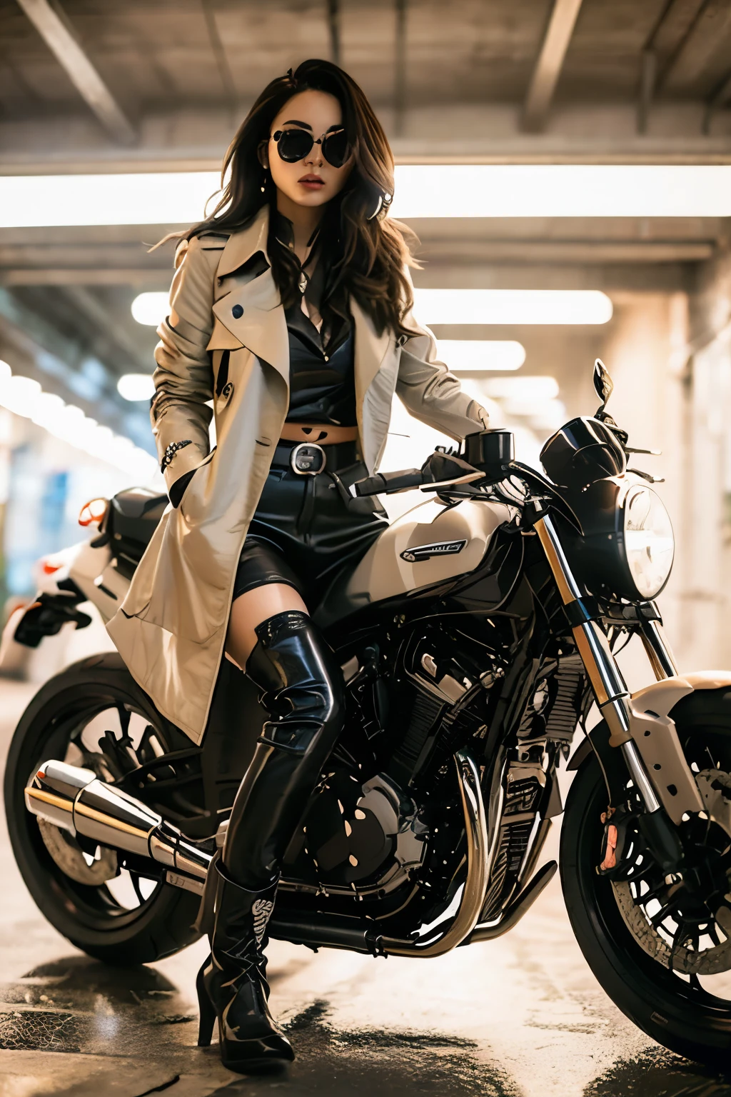 Motorcycle girl，Beige long trench coat，Long hair，sunglasses，Boots，8K，Best quality，Super Fine，Hyperrealism，Photo effects，Rich in details，Meticulous portrayal