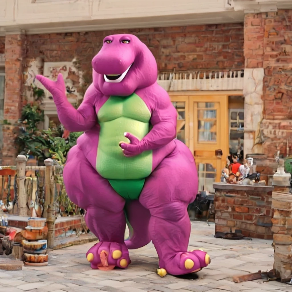 a close up of a purple dinosaur mascot with a green shirt, barney the dinosaur, barney the purple dinosaur, retired barney, full body mascot, barney and friends, plush mascot, claymation character, as a claymation character, pink iconic character, purple body, grimace, toonix character, full body with costume, lumpy skin, cereal mascot