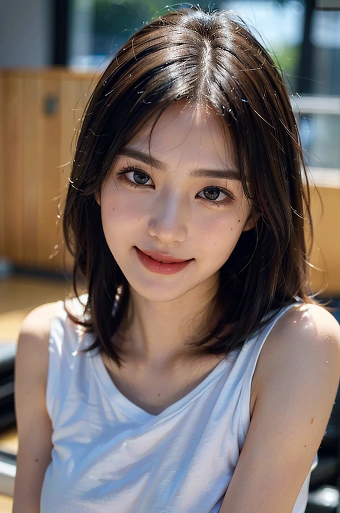 (Best quality, 8K, Masterpiece :1.3)), 1girll, Pretty woman with slender abs, (Long hair, Ultra-detailed face, Detailed eyes, double eyelid, sweat shorts, Extreme shorts, Korean girl, Soft lighting, Depth of field, Sexy pose, gym, kpop, idol,  perfect  body, high detailed face, clear face, smiling at the camera 