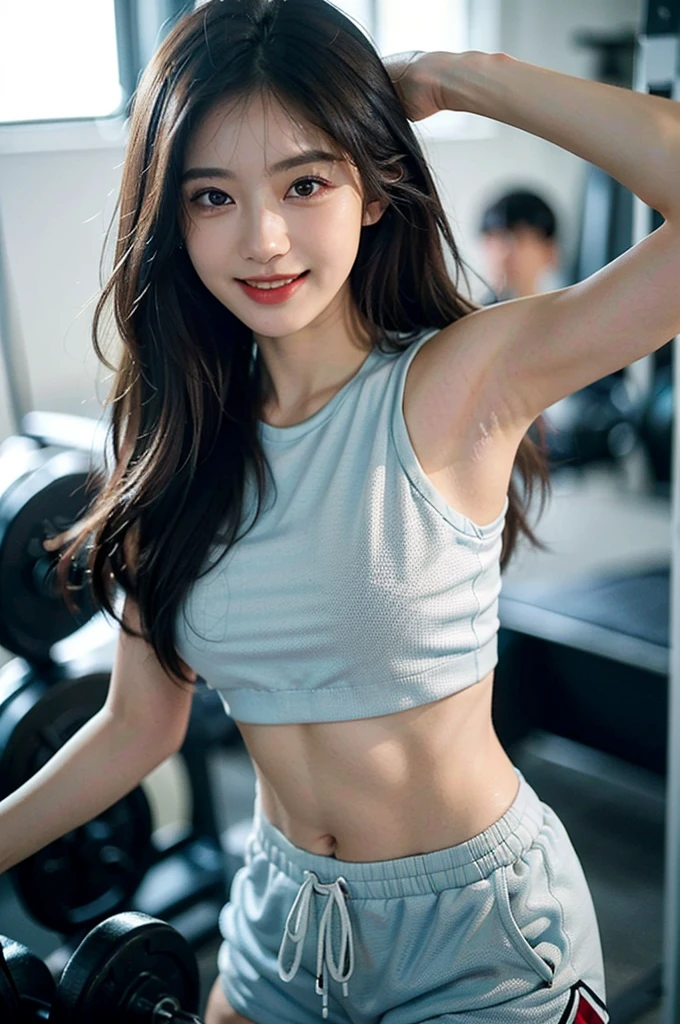 (Best quality, 8K, Masterpiece :1.3)), 1girll, Pretty woman with slender abs, (Long hair, Ultra-detailed face, Detailed eyes, double eyelid, sweat shorts, Extreme shorts, Korean girl, Soft lighting, Depth of field, Sexy pose, gym, kpop, idol, perfect body, high detailed face, clear face, smiling at the camera