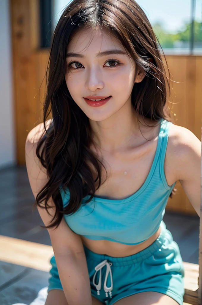 (Best quality, 8K, Masterpiece :1.3)), 1girll, Pretty woman with slender abs, (Long hair, Ultra-detailed face, Detailed eyes, double eyelid, sweat shorts, Extreme shorts, Korean girl, Soft lighting, Depth of field, Sexy pose, gym, kpop, idol, perfect body, high detailed face, clear face, smiling at the camera