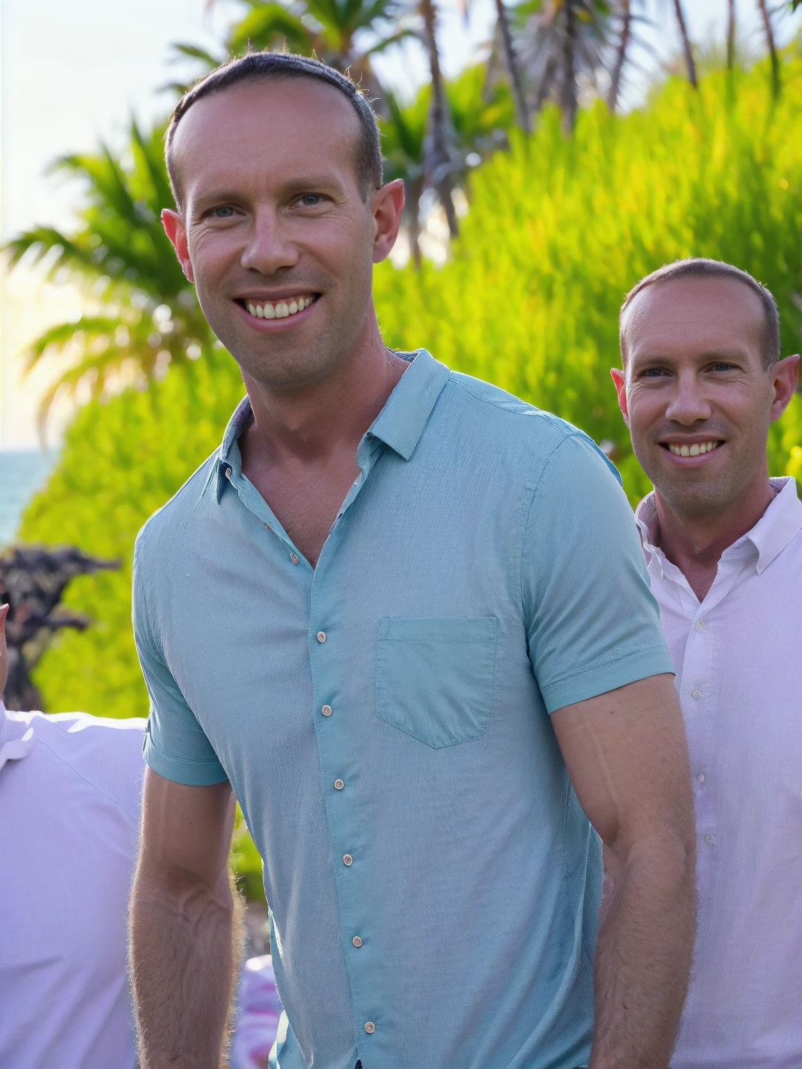 a man, Todder8, Todder1 short hair, perfect skin, RAW, UHD, 8K, looking at camera, on a yacht at sea, vacation photography, island paradise, blue pineapple pattern Hawaiian shirt, photorealistic, dynamic lighting, perfect day, [smiling]