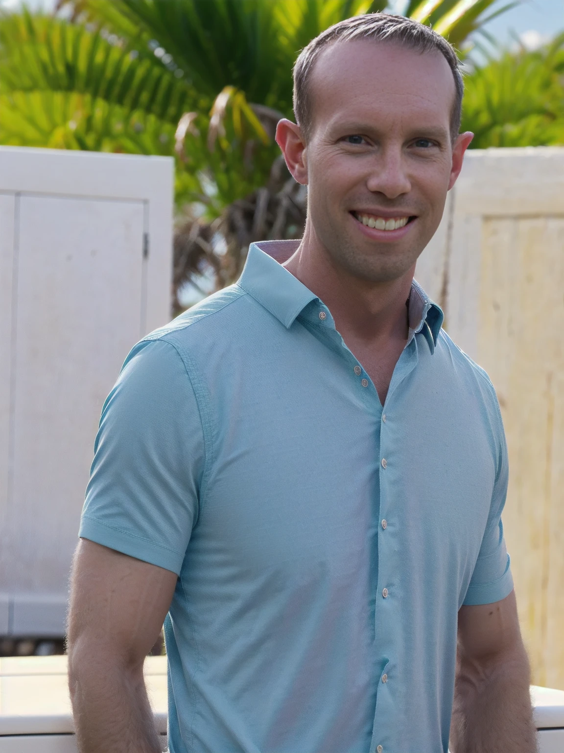 a man, Todder8, Todder1 short hair, perfect skin, RAW, UHD, 8K, looking at camera, on a yacht at sea, vacation photography, island paradise, blue pineapple pattern Hawaiian shirt, photorealistic, dynamic lighting, perfect day, [smiling]