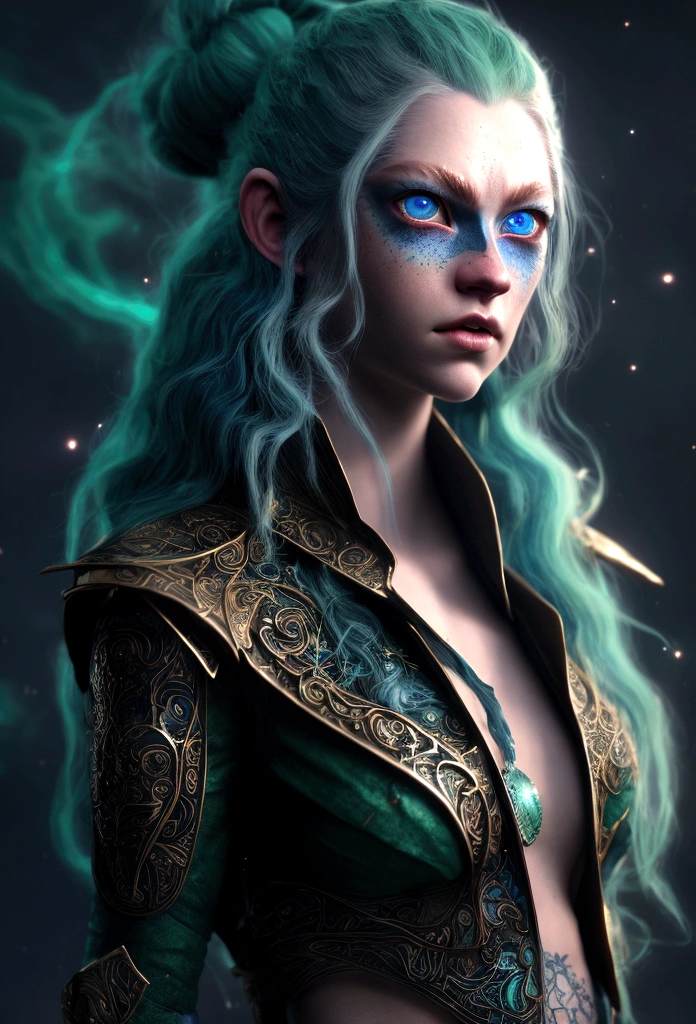 a photograph Galaxies, spirals, outer space, nebulas, stele, smoke billowing,spectacular image, intricate-detail,Hand-drawn sketch illustration of a beautiful tiefling with green and white hair, tatoo,(((blue colored eyes))), symmetrical dragon horns,gold details on clothes, illustration, watercolor sketch,, octane rendering, 8k hyper realistic, realistic texture, Unreal Natural Lighting Engine, cinestill 800, (lente de 35mm | | | | |)