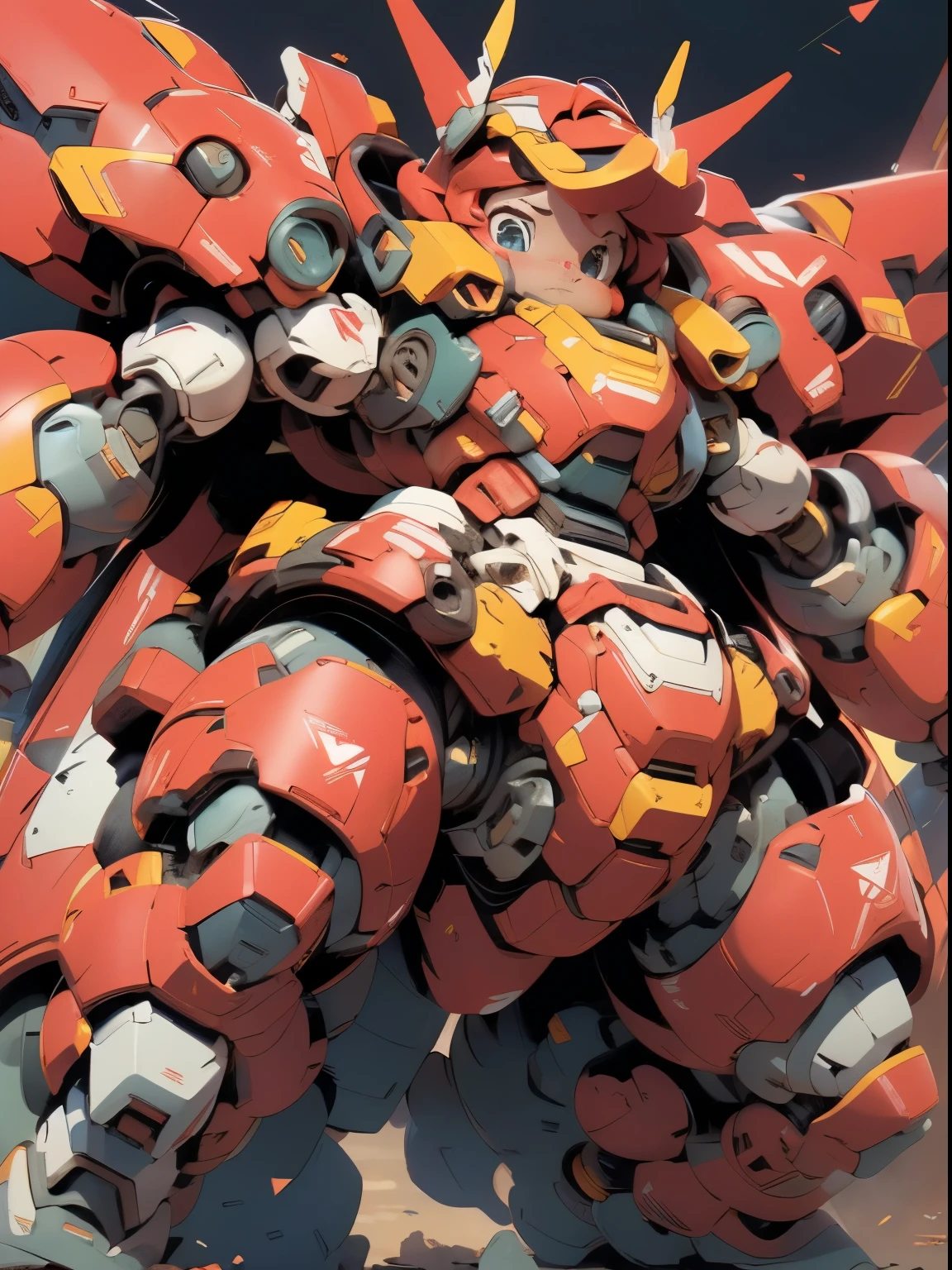 (((1 chibi girl in red-colored robot body costume under the blue skies, from below))), (bulky:1.7), ((chibi:1.5)), (white red color scheme:1.5), large cute face, mechanical parts, ((powerful stance:1.5)), ((mechanical wings)), ((dynamic pose)), (full armor:1.7), (bulky armor:1.7), (shoulder guards:1.2), (short body), (huger body:1.7), (Heavy armament:1.5), (heavy equipment:1.5), ((giant robot)), (helmet), white clouds, robot joints, becoming a mecha, mecha, BJ_Cute_Mech, ROBOTANIMESTYLE, (RARS), (HRS) BREAK ((masterpiece)), vibrant colors, 8k, best quality, ultra detailed illustration, ((best quality)), ((high resolution)), flawless skin textures, shiny oiled skin, extremely detailed anime eyes , extreme light and shadow