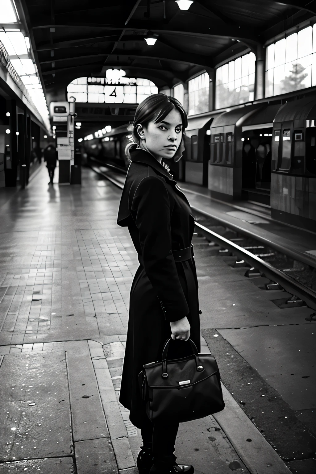 lonely woman waiting for the train, black and white, vintage train station