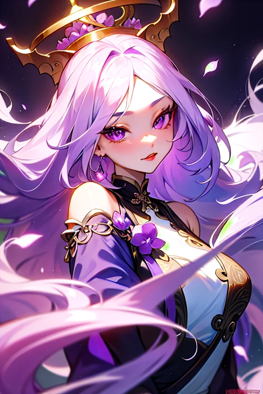Beautiful chinese woman with long, wavy white hair, sparkling amethysts, shimmering lavender colored han style gown, chinese oriental fantasy beautiful face