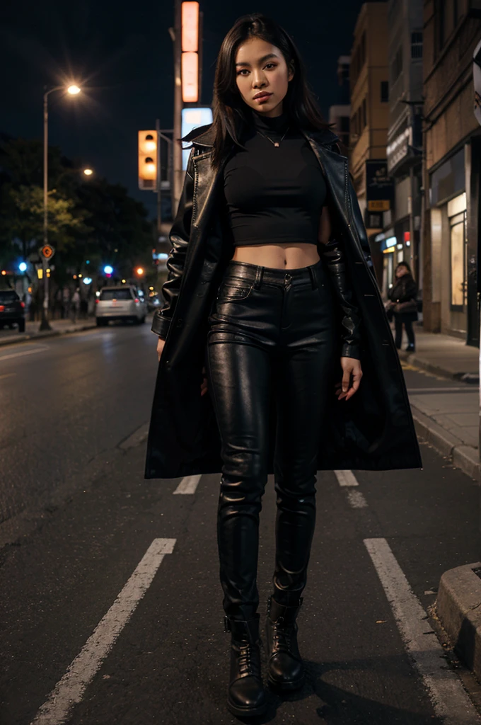 Slim Asian girl, black star-shaped undershirt. Leather coat, tight pants In the middle of the road at night