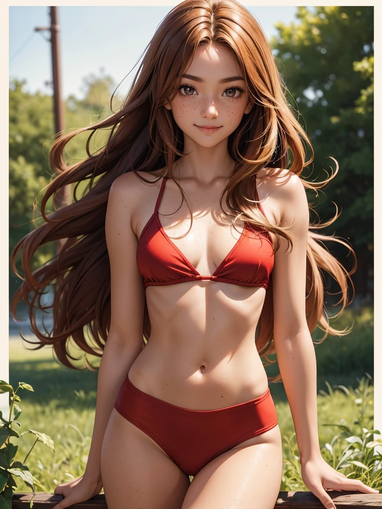 (best quality), 1girl, female, honey toned skin, chestnut hair, long hair, slightly wavy hair, brown eyes, perfect eyes, freckles, red clothes, , slender, small bust, smile, masterpiece, anatomically correct, highres