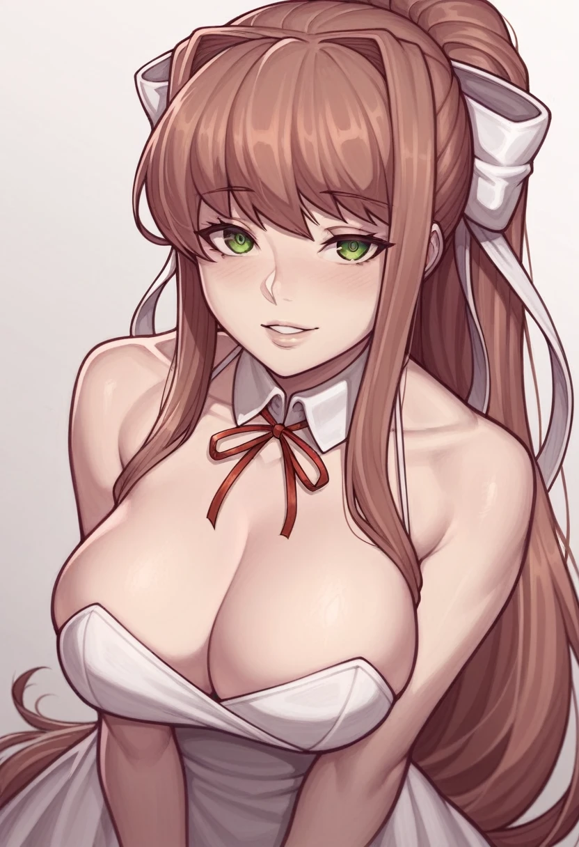 _asura style, 1girl, monika_(doki_doki_literature_club), breasts, green_eyes, dress, solo, long_hair, ponytail, black_dress, brown_hair, cleavage, smile, large_breasts, looking_at_viewer, blush, ribbon, grey_background, simple_background, hair_ribbon, white_ribbon, bare_shoulders, half-closed_eyes, alternate_costume, parted_lips