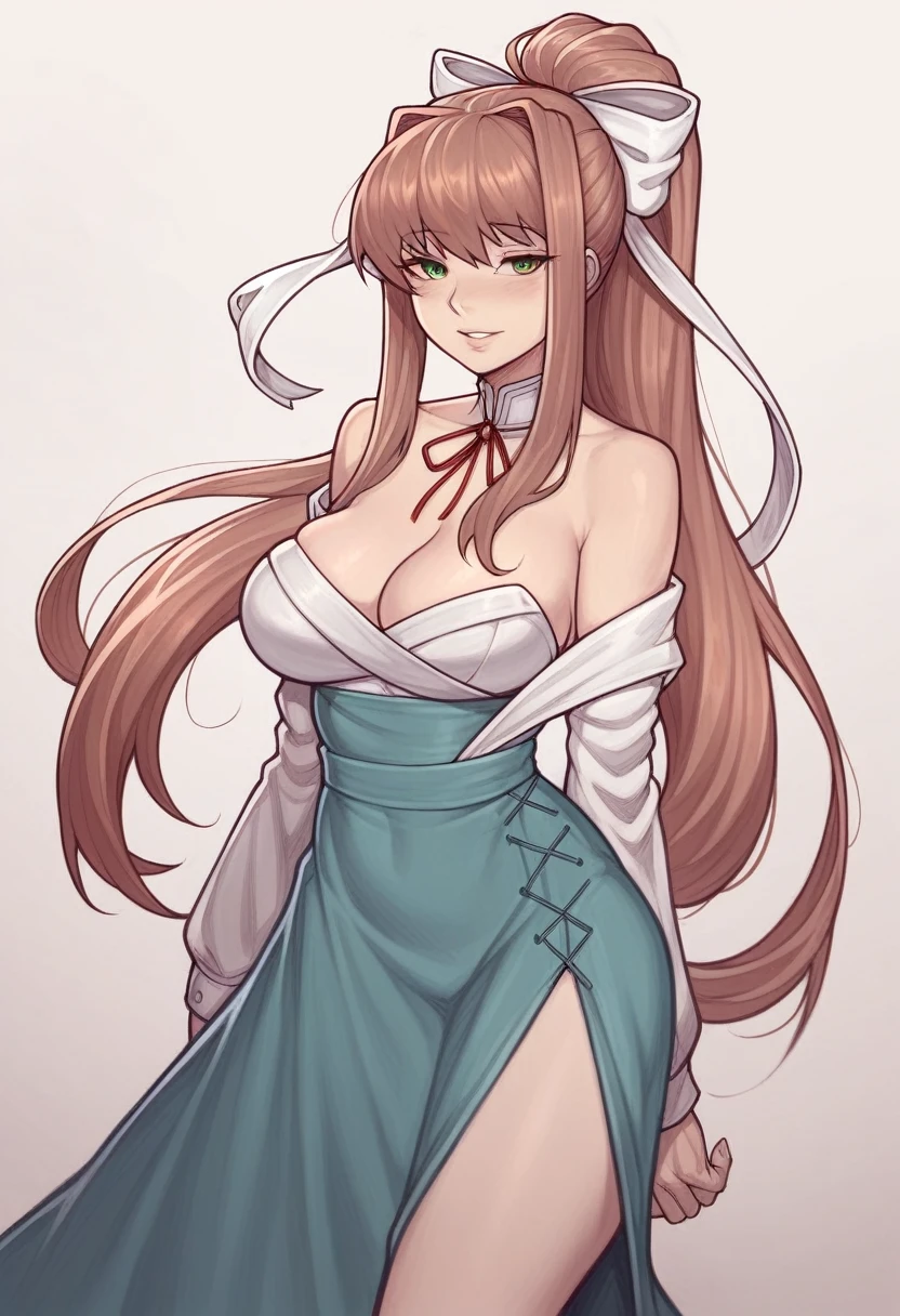 _asura style, 1girl, monika_(doki_doki_literature_club), breasts, green_eyes, dress, solo, long_hair, ponytail, black_dress, brown_hair, cleavage, smile, large_breasts, looking_at_viewer, blush, ribbon, grey_background, simple_background, hair_ribbon, white_ribbon, bare_shoulders, half-closed_eyes, alternate_costume, parted_lips