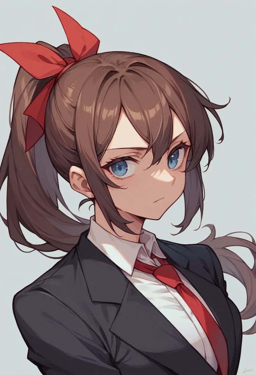 Korari is a girl, big blue eyes, brown ponytail hair, black suit and red ribbon.