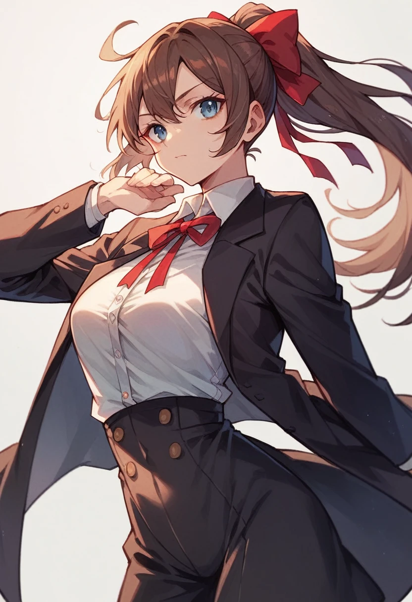 Korari is a girl, big blue eyes, brown ponytail hair, black suit and red ribbon.