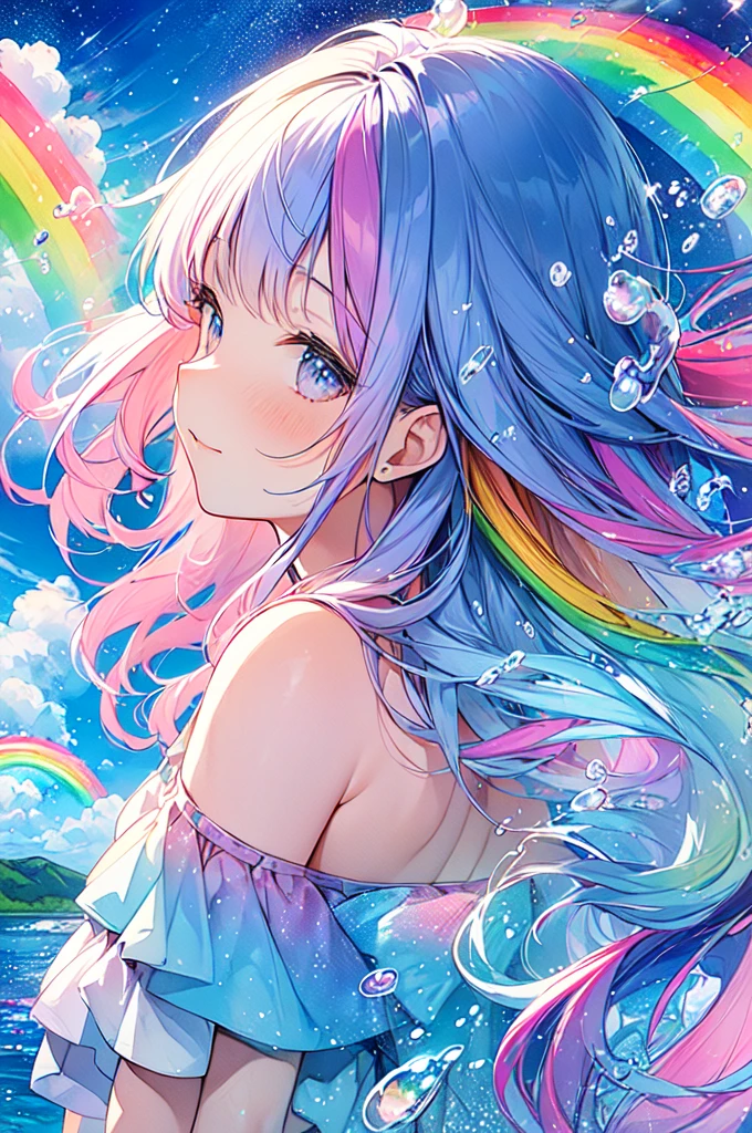 (masterpiece, Highest quality, Highest quality,watercolor (Moderate),Official Art, beautifully、beautiful:1.2),(1 Girl:1.3), (Fractal Art:1.3),Upper Body, From the side, Looking at the audience,pattern,(Rainbow Hair,colorful hair,Half blue、Half pink hair:1.2),water,liquid, cloud,colorful, Starry Sky,performer,
