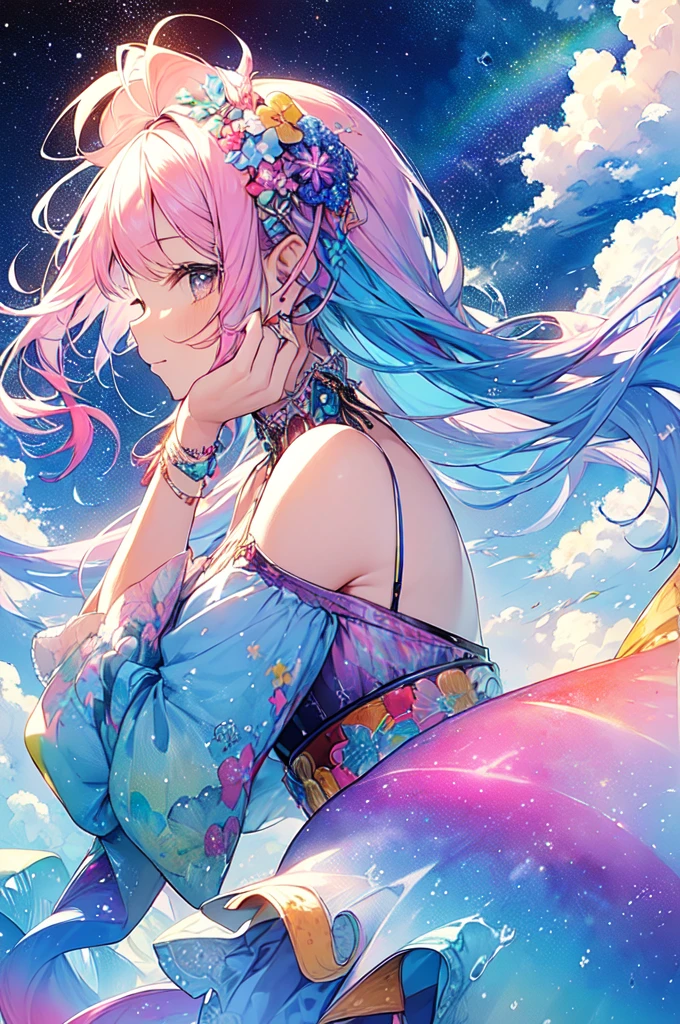 (masterpiece, Highest quality, Highest quality,watercolor (Moderate),Official Art, beautifully、beautiful:1.2),(1 Girl:1.3), (Fractal Art:1.3),Upper Body, From the side, Looking at the audience,pattern,(Rainbow Hair,colorful hair,Half blue、Half pink hair:1.2),water,liquid, cloud,colorful, Starry Sky,performer,
