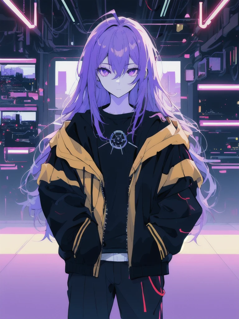 ((masterpiece)), (best quality), ((highres)), 4K, Detailed, (Ambient Light, Digital Art, Soft Lighting, extremely detailed 8K wallpaper:1.2), BREAK 1girl, solo, pale skin, violet eyes, violet hair, ahoge, (absurdly long hair:1.1), flat chest, cyberpunk scenery, black jacket, pants, shirt, night, hand in pocket, looking at viewer, hair between eyes, expressionless, rtx, neon light, black medical mask