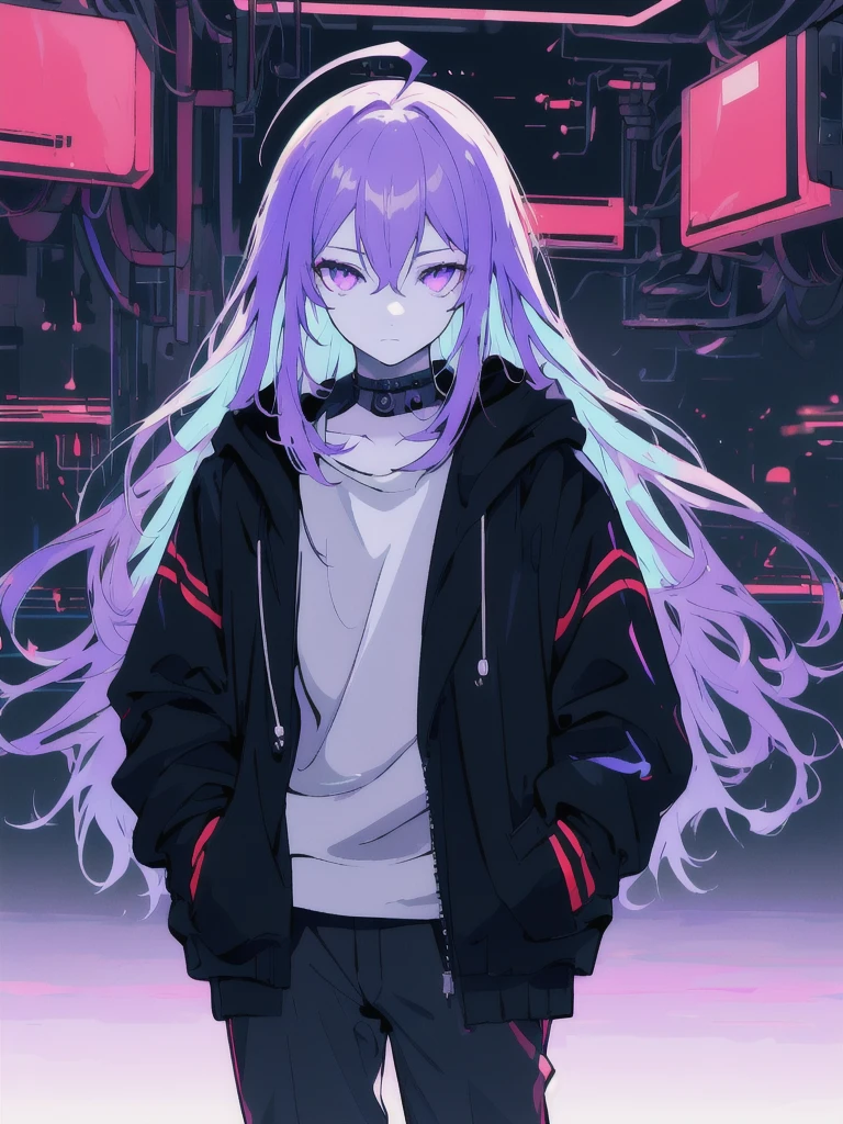 ((masterpiece)), (best quality), ((highres)), 4K, Detailed, (Ambient Light, Digital Art, Soft Lighting, extremely detailed 8K wallpaper:1.2), BREAK 1girl, solo, pale skin, violet eyes, violet hair, ahoge, (absurdly long hair:1.1), flat chest, cyberpunk scenery, black jacket, pants, shirt, night, hand in pocket, looking at viewer, hair between eyes, expressionless, rtx, neon light, black medical mask