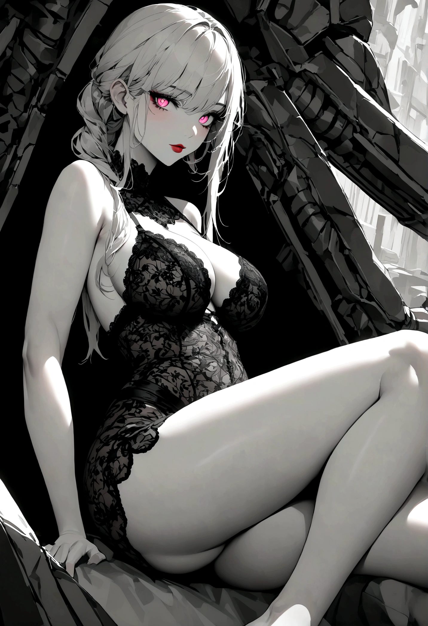 Create a hyper detailed photograph of a hrgiger tattooed young sexy women, Stunningly perfect gorgeous face, perfect makeup, detailed vibrant eyes, platinum blonde dutch hair, detailed beautiful legs, detailed beautiful arms, detailed smooth skin, firm round breast, firm round ass, no color black and gray only, sexy lace lingerie dress,