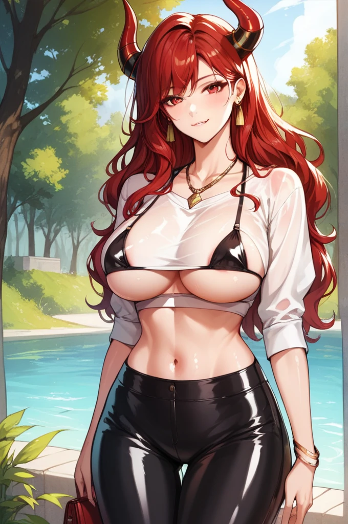 Red hair,red eyes,(high quality eyes),masterpiece, best quality, high quality, highres, outdoors, looking at viewer, white shirt,see through crop top, midriff, navel, black latex pants, Jenny, tall female,big breasts, tassel earrings,wavy hair,
Horns,micro bra, underwear strips, bracelet, necklace, biting lips,