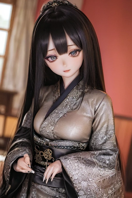 photorealistic, realistic photo, ((highest quality)), ((masterpiece)), ((extremely detailed)), kukolnydom, doll, (mature woman:2.2), solo, ((from front, seiza, skinny, slender, slim, black kimono, obi, obidome, hair ornament)), green eyes, parted lips, (black hair, long hair, looking at another, almond eyes, blank eyes, empty eyes, detailed eyes, detailed clothes:1.3), Japanese room, 8k