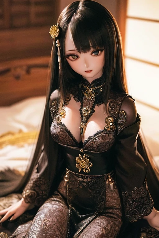 photorealistic, realistic photo, ((highest quality)), ((masterpiece)), ((extremely detailed)), kukolnydom, doll, (mature woman:2.2), solo, ((from front, seiza, skinny, slender, slim, black kimono, obi, obidome, hair ornament)), green eyes, parted lips, (black hair, long hair, looking at another, almond eyes, blank eyes, empty eyes, detailed eyes, detailed clothes:1.3), Japanese room, 8k
