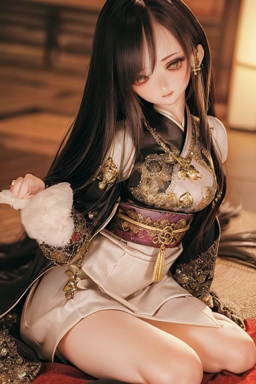 photorealistic, realistic photo, ((highest quality)), ((masterpiece)), ((extremely detailed)), kukolnydom, doll, (mature woman:2.2), solo, ((from front, seiza, skinny, slender, slim, black kimono, obi, obidome, hair ornament)), green eyes, parted lips, (black hair, long hair, looking at another, almond eyes, blank eyes, empty eyes, detailed eyes, detailed clothes:1.3), Japanese room, 8k